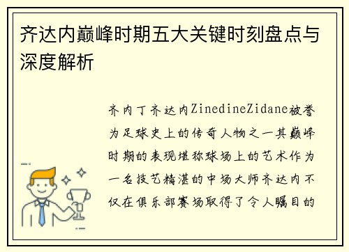 齐达内巅峰时期五大关键时刻盘点与深度解析